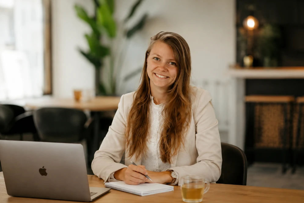 Marije Jongeneel aan het werk aan een tafel met laptop en notitieblok