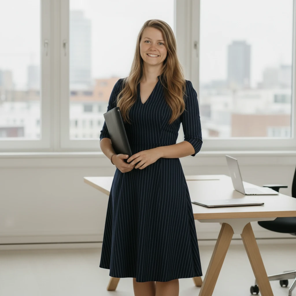 Marije Jongeneel op kantoor met een map onder de arm